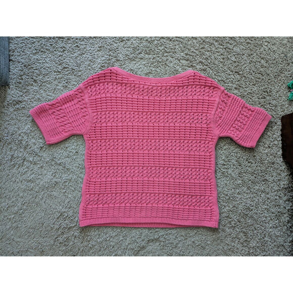 Talbots Crochet Short Sleeve Sweater XS Pink Cotton Barbiecore Granny Cottage - Picture 2 of 6